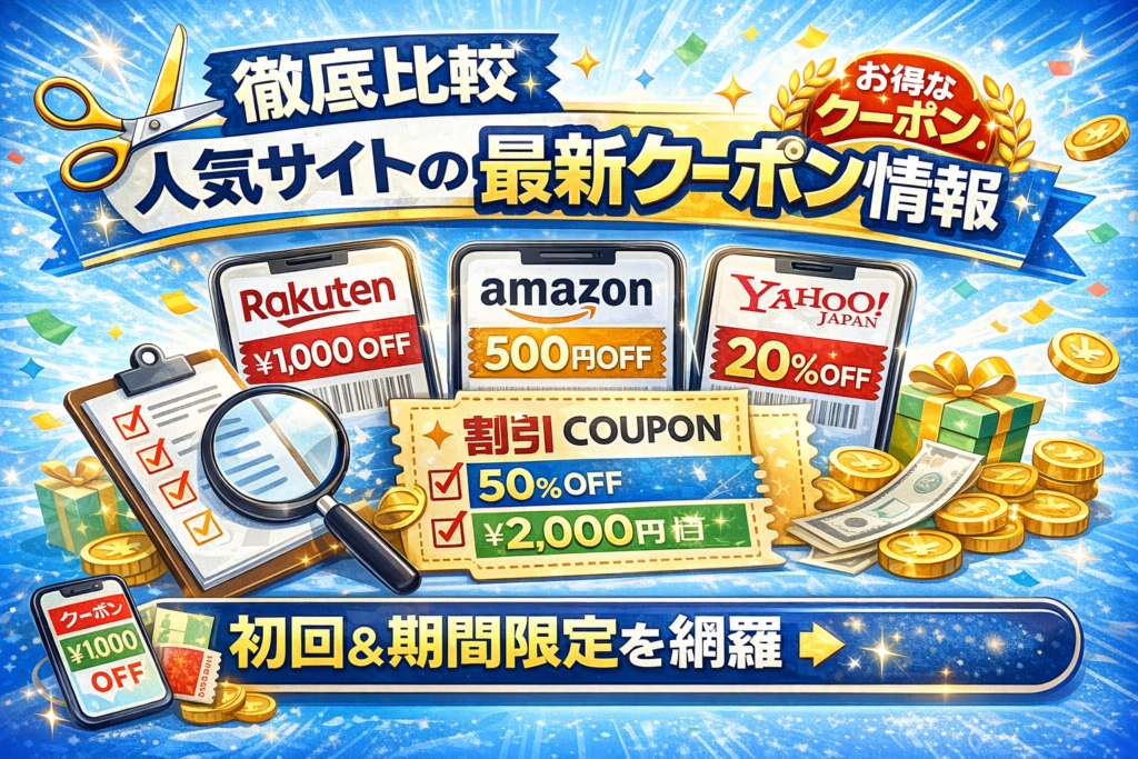 期間限定クーポンとセール情報をイメージした青ベースのアイキャッチ画像
