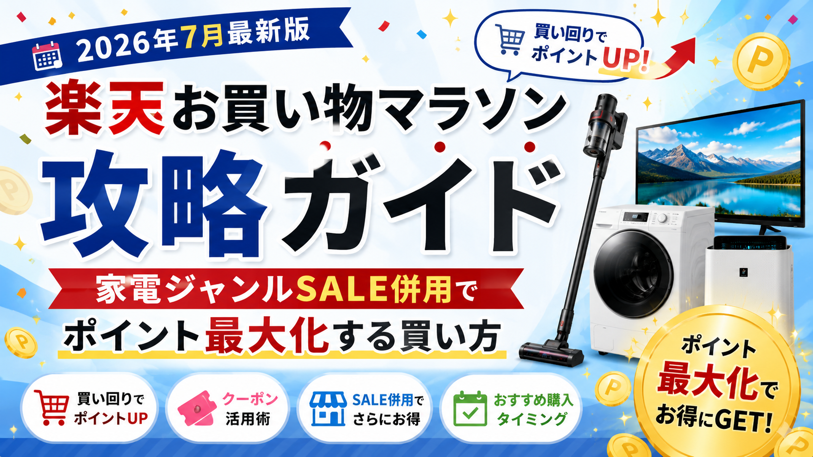 楽天お買い物マラソンで家電ジャンルSALEを併用し、ポイントを最大化する買い方を紹介するアイキャッチ画像